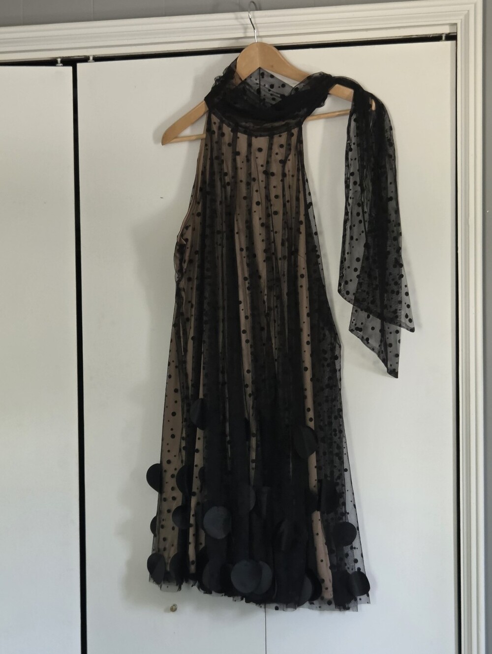 Ryu Black Sheer Polka Dot Midi Dress with Scarf